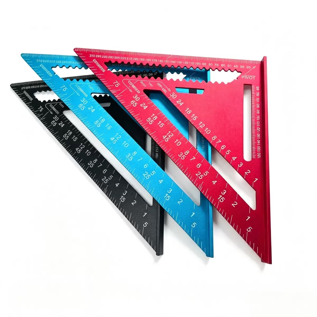 Aluminium Alloy Woodworking Triangle Rulers in Black Red and Blue with Multi-Angle Measurement Markings